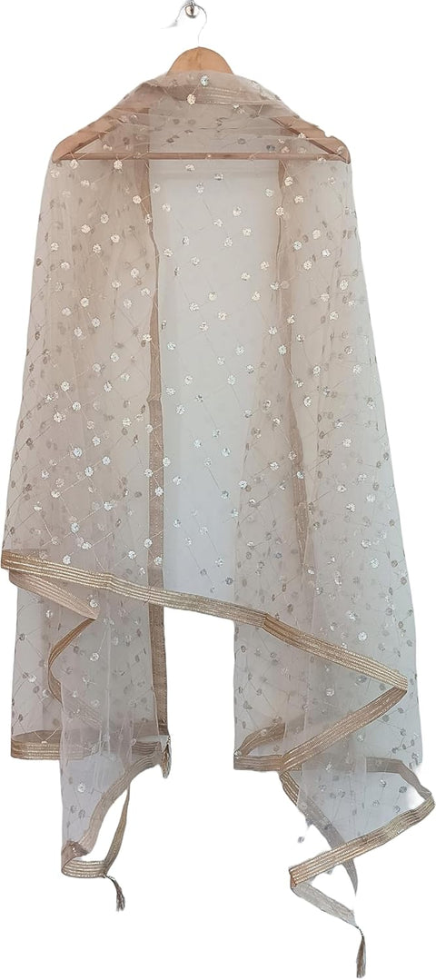 Traditional Embroidered Net Dupatta with Golden Border, Red Sequined Scarf, Diamond Pattern Dupatta, Chunni