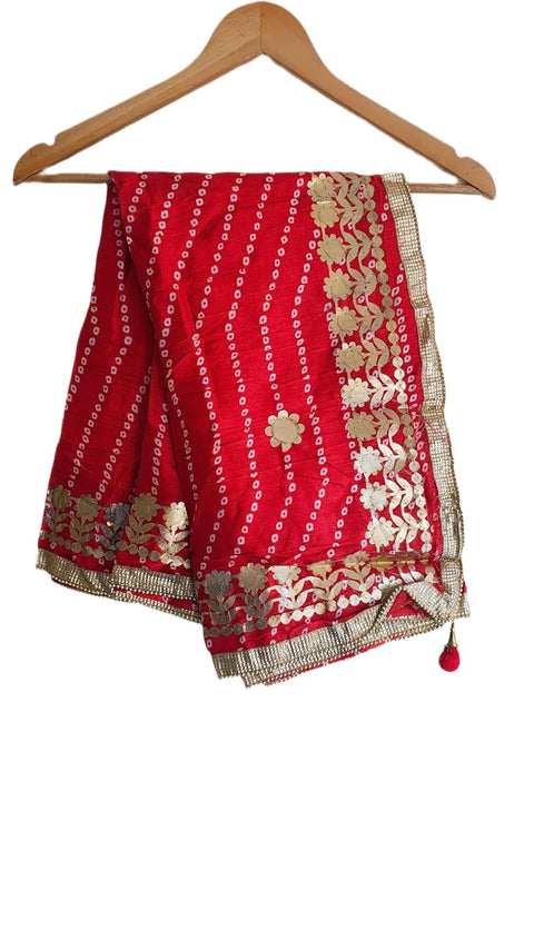 Bandhani Print Dupatta with Golden Floral Lace Border, Lightweight Ethnic Silk for Women