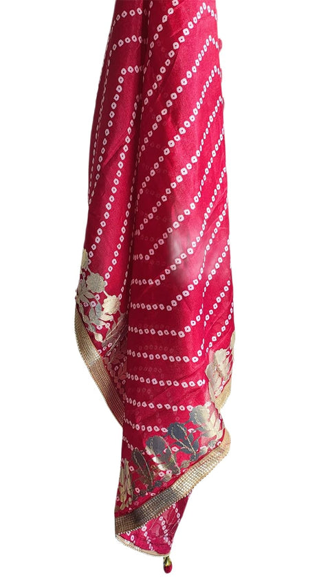 Bandhani Print Dupatta with Golden Floral Lace Border, Lightweight Ethnic Silk for Women
