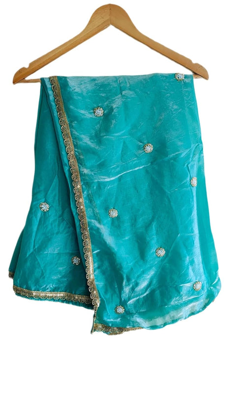 Fendi Fabric Dupatta with Bead Floral Work, Gota Lace Border
