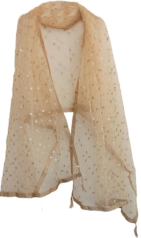 Traditional Embroidered Net Dupatta with Golden Border, Red Sequined Scarf, Diamond Pattern Dupatta, Chunni