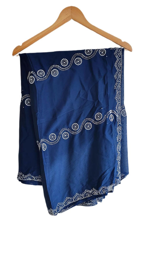 INDISA SCARVE'S FENDI Cut Beads Dupatta, Navy Blue, Embroidered Border, Lightweight Sheer Fabric, Traditional Indian Scarf