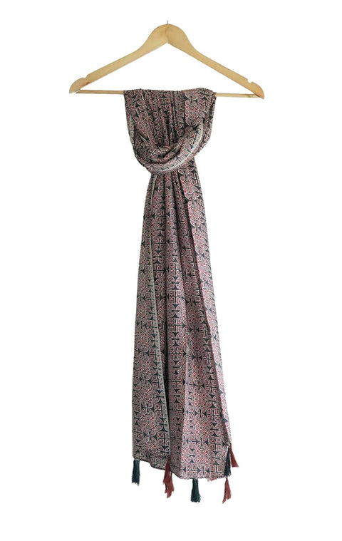 Traditional Ajrakh Print Cotton Stole, Black, Mandala Pattern with Tassels