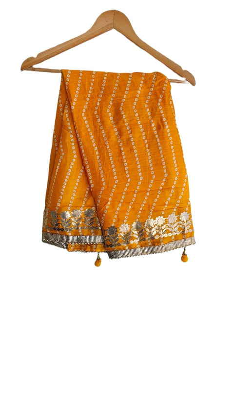 Bandhani Print Dupatta with Golden Floral Lace Border, Lightweight Ethnic Silk for Women