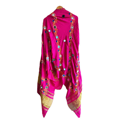Handcrafted Purple Silk Dupatta with Gold Border, Floral Embroidered Mirror Work, Traditional Indian Scarf