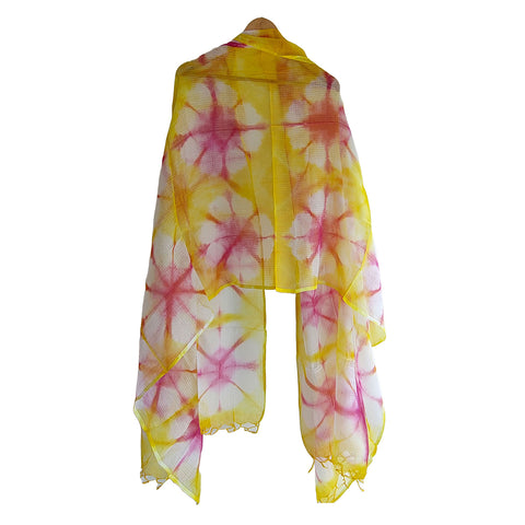 India Scarves Bagru Hand Block Floral kota Doria silk cotton Dupatta (Yellow)