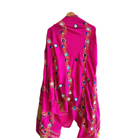 Handcrafted Purple Silk Dupatta with Gold Border, Floral Embroidered Mirror Work, Traditional Indian Scarf