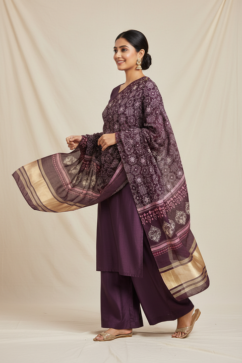 India Scarves Semi Gaji Silk Bandhani Dupatta(Purple)