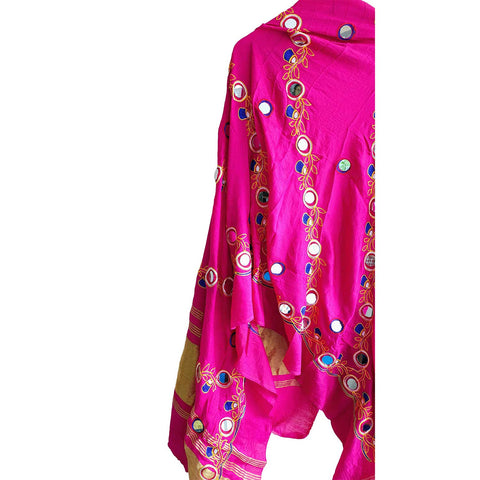 Handcrafted Purple Silk Dupatta with Gold Border, Floral Embroidered Mirror Work, Traditional Indian Scarf