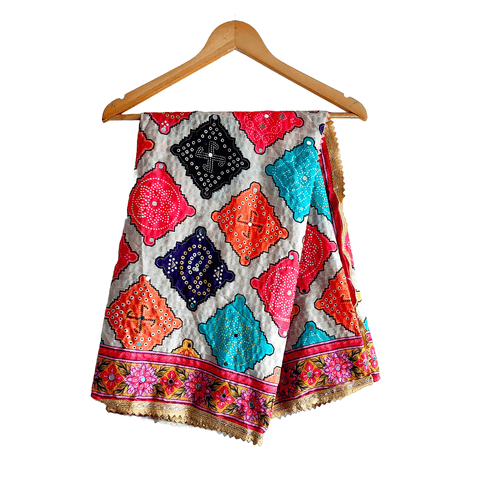 Pakistani Digital Printed Chinnon Multicoloured Dupatta With Heavy Mirror Work