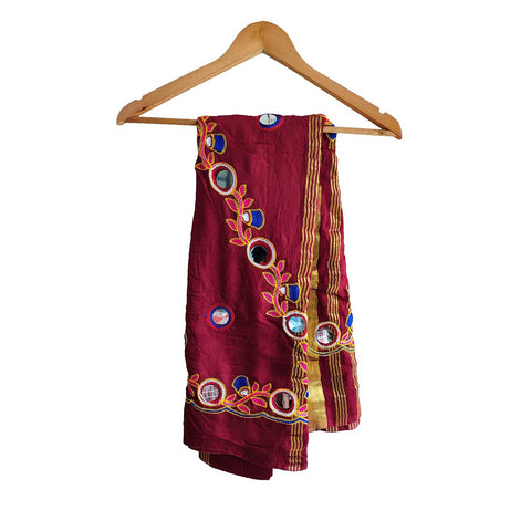 Handcrafted Purple Silk Dupatta with Gold Border, Floral Embroidered Mirror Work, Traditional Indian Scarf