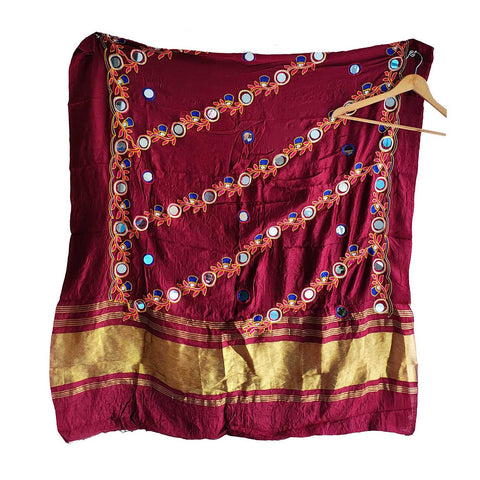 Handcrafted Purple Silk Dupatta with Gold Border, Floral Embroidered Mirror Work, Traditional Indian Scarf
