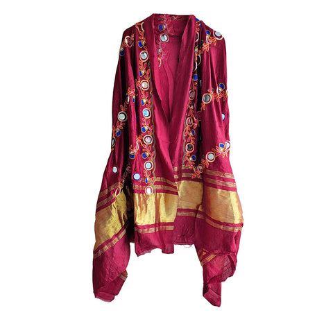 Handcrafted Purple Silk Dupatta with Gold Border, Floral Embroidered Mirror Work, Traditional Indian Scarf