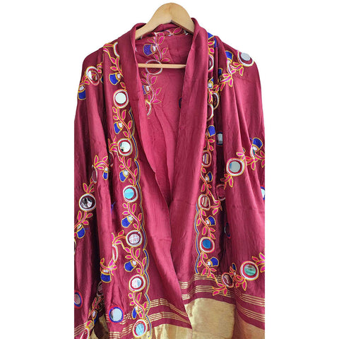 Handcrafted Purple Silk Dupatta with Gold Border, Floral Embroidered Mirror Work, Traditional Indian Scarf