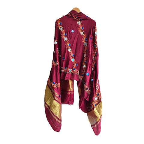 Handcrafted Purple Silk Dupatta with Gold Border, Floral Embroidered Mirror Work, Traditional Indian Scarf