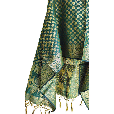 India scarves Banarasi Brocade with Floral Grid, Ornamental Border, and Tassel Finish