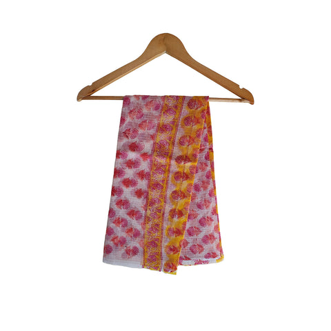 India Scarves Bagru Hand Block Floral kota Doriya silk cotton Dupatta(Pink And Yellow)