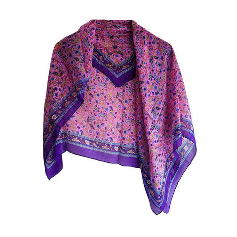 India Scarves Floral Paisley Print Silk Scarf, Light Weight Square Neck Wrap,  Border Pattern, 100x100 cm