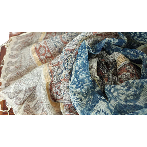 India Scarves Kota Doria Kalamkari Cotton Silk  Blue Colour Floral Dupatta