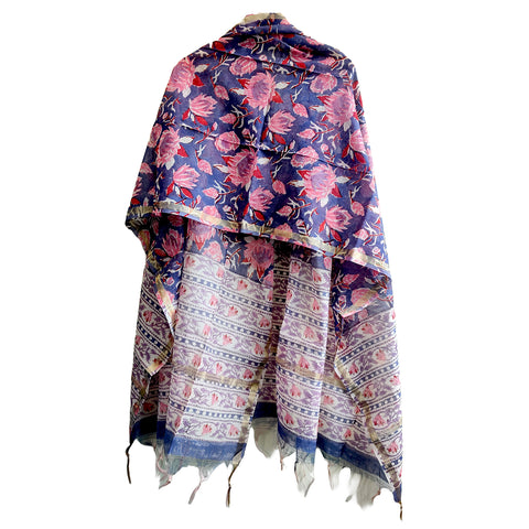 Chanderi Bagru Hand Block Printed Purple and Pink Floral Stole