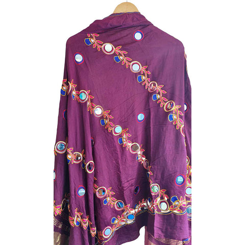 Handcrafted Purple Silk Dupatta with Gold Border, Floral Embroidered Mirror Work, Traditional Indian Scarf