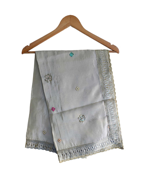 Hand-Embroidered Ivory Silk Dupatta with Multicoloured Floral Motifs and Silver Scalloped Border