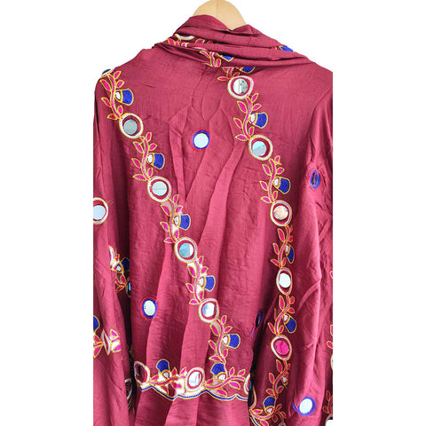 Handcrafted Purple Silk Dupatta with Gold Border, Floral Embroidered Mirror Work, Traditional Indian Scarf