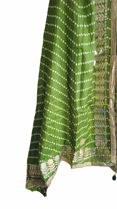 Bandhani Print Dupatta with Golden Floral Lace Border, Lightweight Ethnic Silk for Women