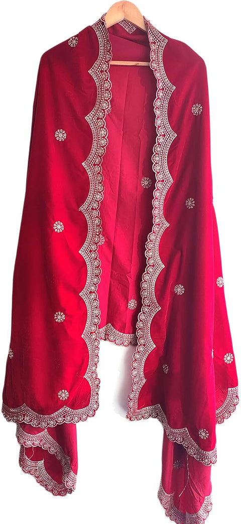 Luxury Micro-Velvet Embroidered Dupatta for Women | Heavy Scalloped Cutwork Border with Butti Work