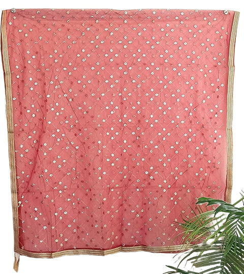 Traditional Embroidered Net Dupatta with Golden Border, Red Sequined Scarf, Diamond Pattern Dupatta, Chunni