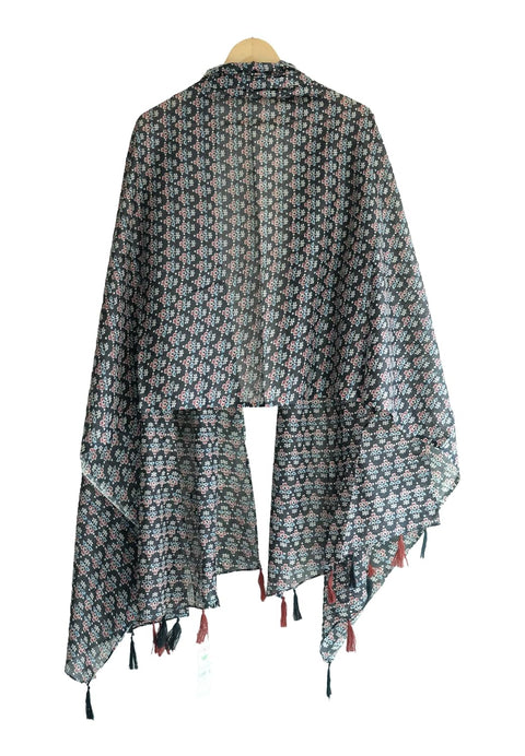 Traditional Ajrakh Print Cotton Stole, Black, Mandala Pattern with Tassels