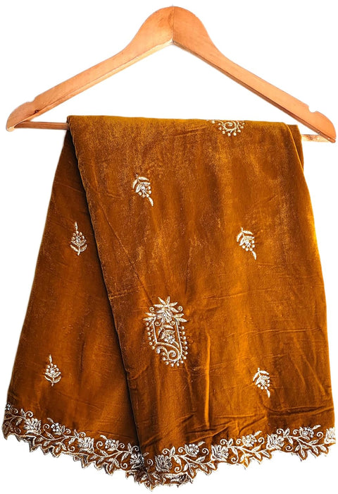 Velvet Dupatta for Women with Gold Zari Embroidery | Dupatta with Scalloped Border