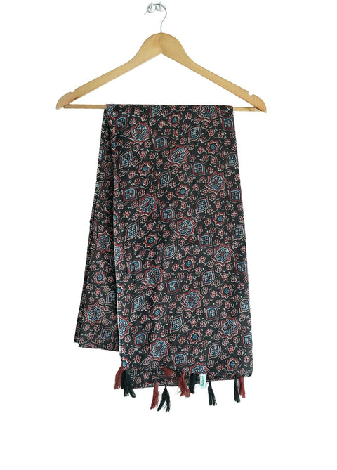Traditional Ajrakh Print Cotton Stole, Black, Mandala Pattern with Tassels