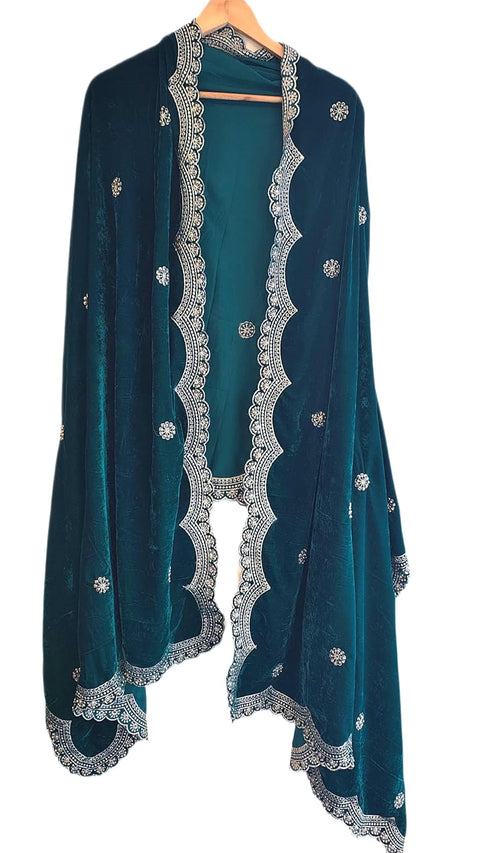 Luxury Micro-Velvet Embroidered Dupatta for Women | Heavy Scalloped Cutwork Border with Butti Work