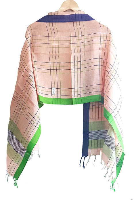 Blue Pink Cheks Pure Linen Soft Stole Size 55 X 190 Cm