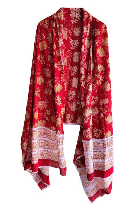 Hand Block Printed Bagru Dupatta in Pure Cotton Malmal(Red And Yellow Color)