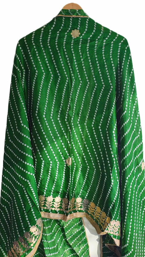 Bandhani Print Dupatta with Golden Floral Lace Border, Lightweight Ethnic Silk for Women
