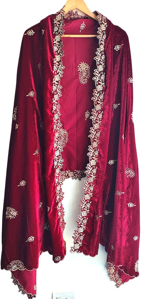 Velvet Dupatta for Women with Gold Zari Embroidery | Dupatta with Scalloped Border