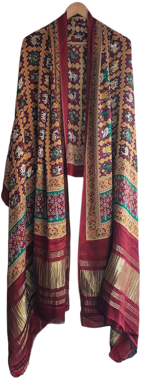 Printed Modal Silk Patola Print Dupatta, Traditional Indian Scarf with Geometric Motifs, Digital Print Design