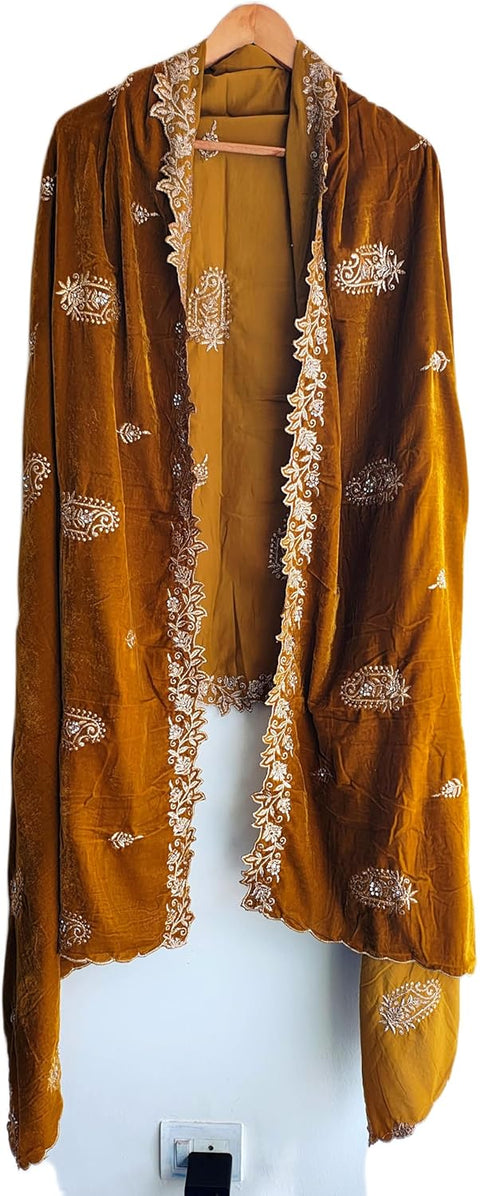 Velvet Dupatta for Women with Gold Zari Embroidery | Dupatta with Scalloped Border