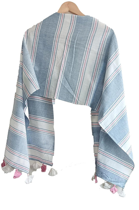 Blue Off White Pure Linen Soft Stole Size 55 X 190 Cm
