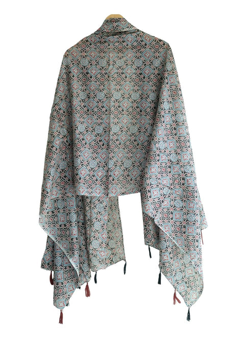 Traditional Ajrakh Print Cotton Stole, Black, Mandala Pattern with Tassels