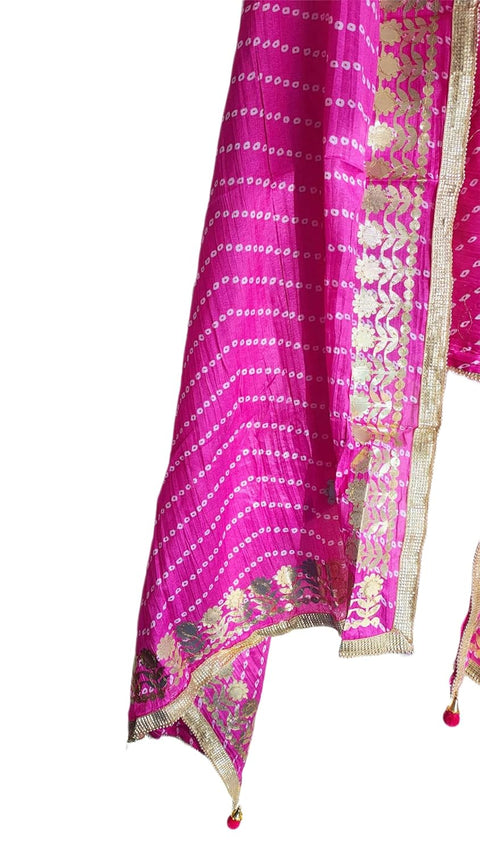 Bandhani Print Dupatta with Golden Floral Lace Border, Lightweight Ethnic Silk for Women