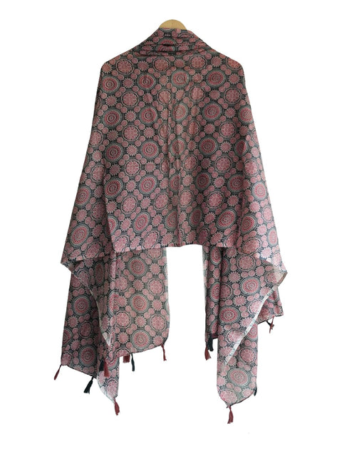 Traditional Ajrakh Print Cotton Stole, Black, Mandala Pattern with Tassels