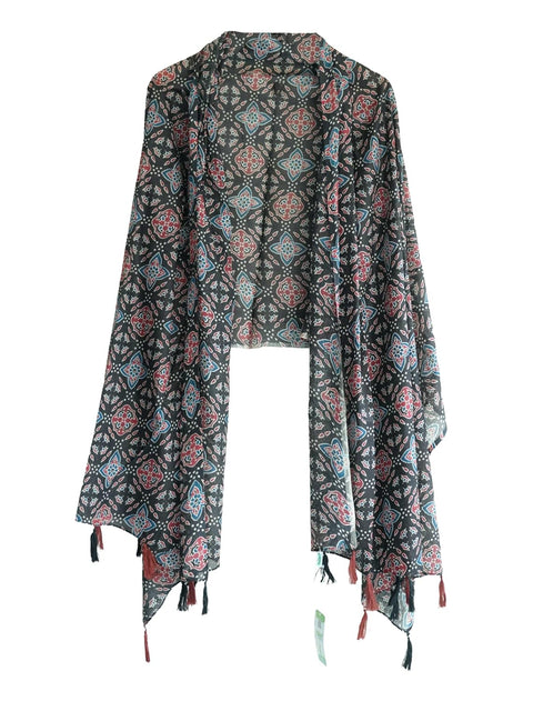 Traditional Ajrakh Print Cotton Stole, Black, Mandala Pattern with Tassels