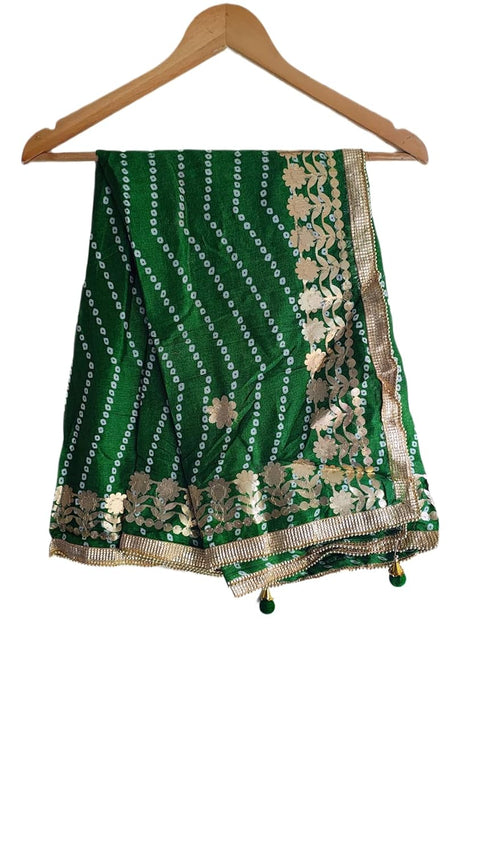 Bandhani Print Dupatta with Golden Floral Lace Border, Lightweight Ethnic Silk for Women