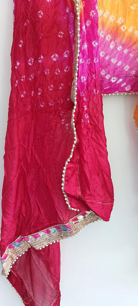 Women's Embellished Red, Pink And Yellow colour Dupatta: A Touch of Silk & Shimmer Bandhani Work Size 190X98X3