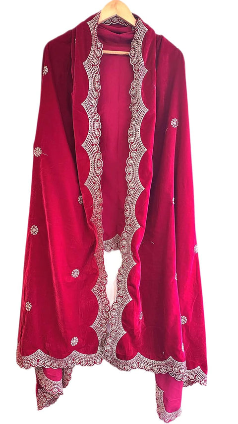 Luxury Micro-Velvet Embroidered Dupatta for Women | Heavy Scalloped Cutwork Border with Butti Work
