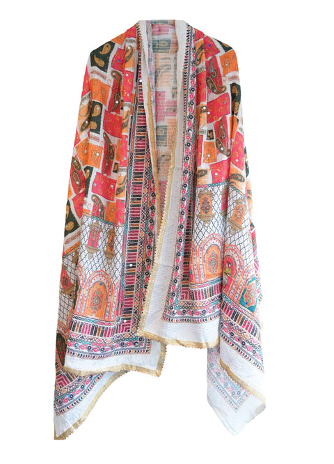 Chinon Pakistani Mirror Work Dupatta, Traditional Embellished Dupatta with Decorative Detailing