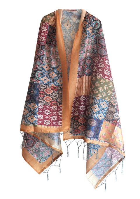 Assam Silk Traditional Dupatta with Multicolor Multi moti Motif | Ethnic Printed Cotton Dupatta with Tassels
